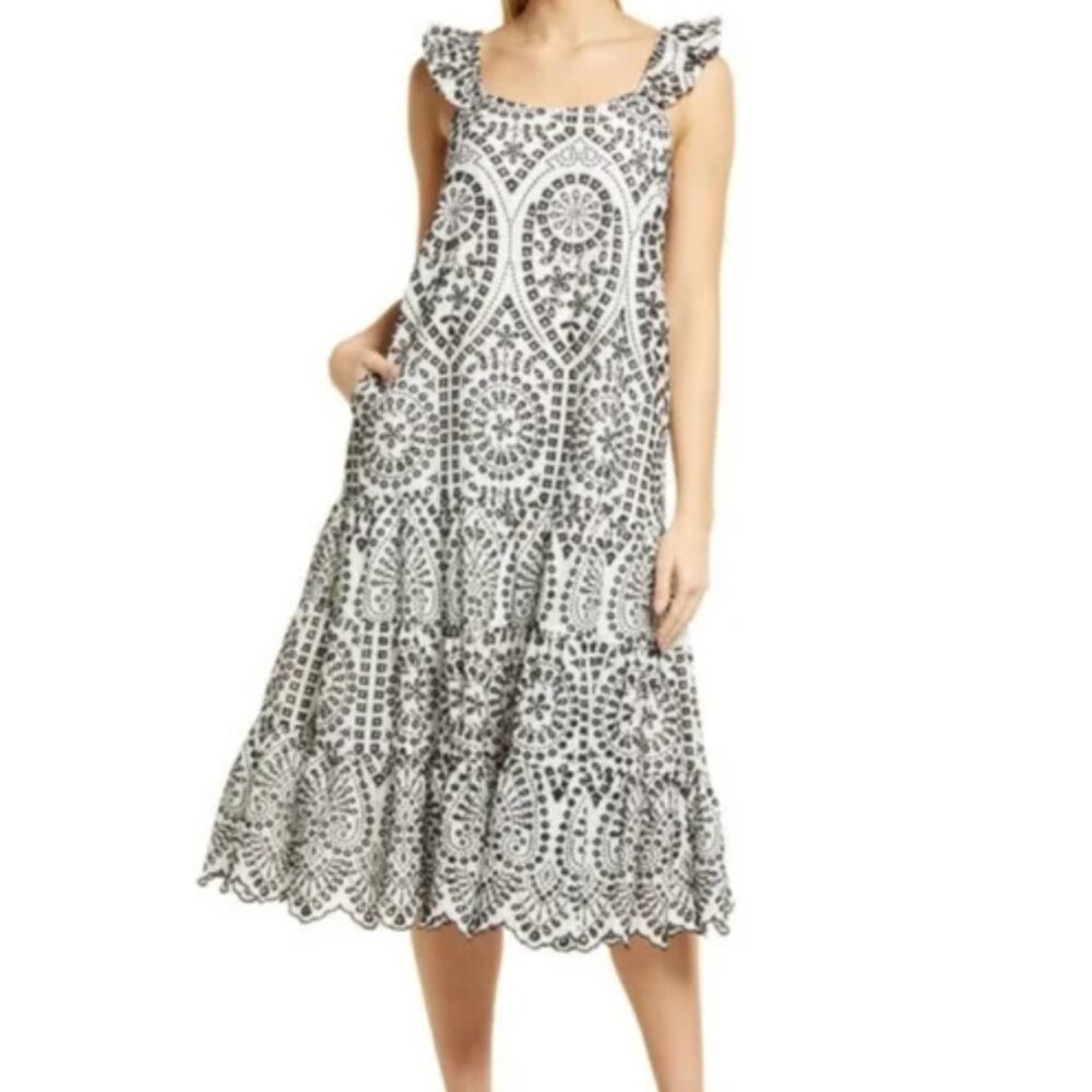 Nordstrom Black & White Eyelet Midi Dress with Flutter Sleeves